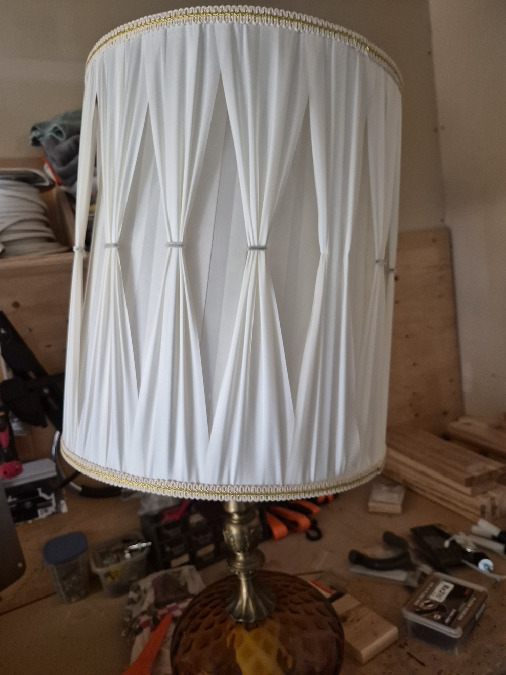 Vintage White Pleated Drum Lamp Shade with Gold Trim